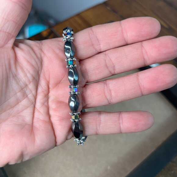 Hematite Stretch Bracelet With Multicolor Gem Accents - Picture 4 of 4